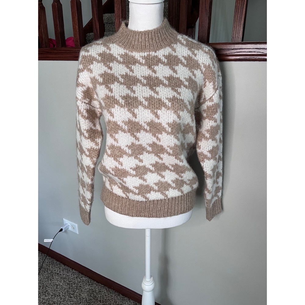 Ann Taylor Houndstooth Mock Neck Wool Blend Sweater Tan Cream XS